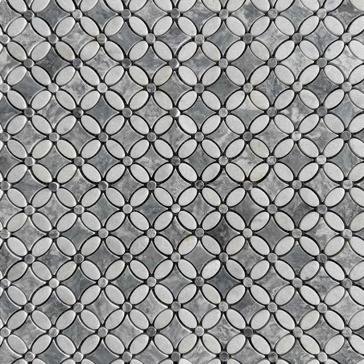 Carrara White – Platinum Grey Polished Marble Flower Mosaic Tiles