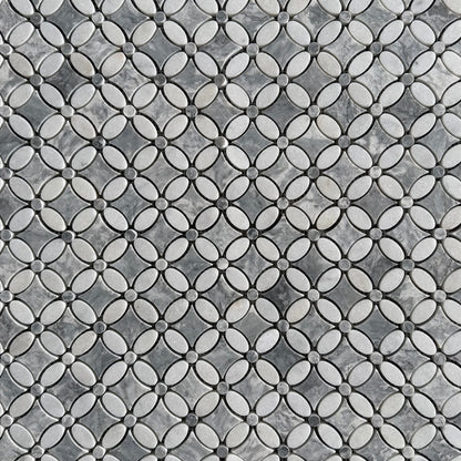 Carrara White – Platinum Grey Polished Marble Flower Mosaic Tiles