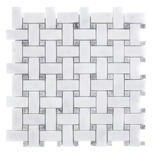 Carrara White - Platinum Grey Polished Marble Basket Weave Mosaic Tiles