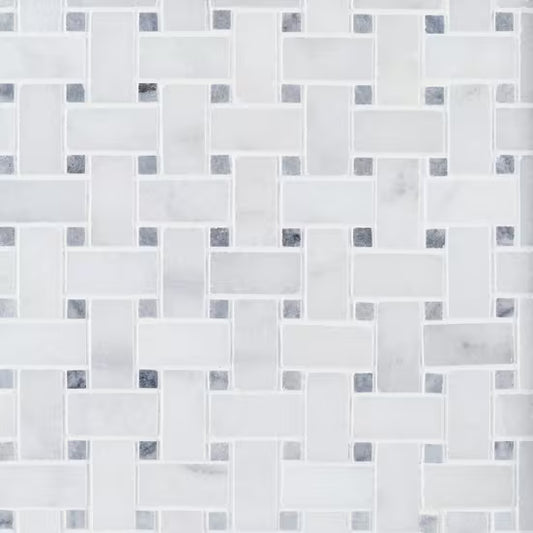 Carrara White - Platinum Grey Polished Marble Basket Weave Mosaic Tiles