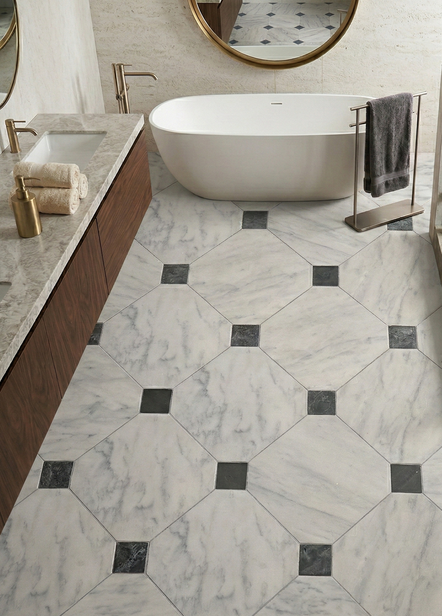 Close-up of Carrara White - Selene Honed Marble Octagon Wall & Floor Tiles