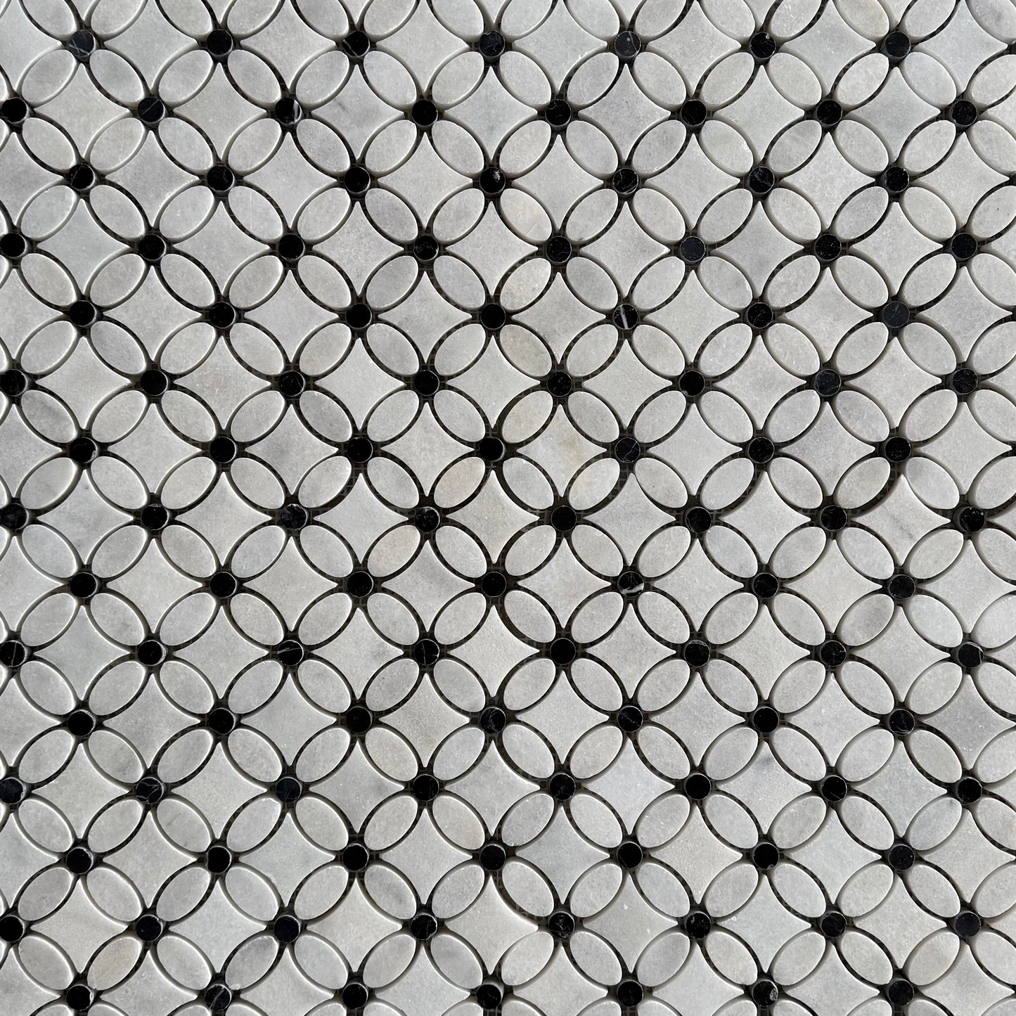 Carrara White- Nero Marquina Polished Marble Flower Mosaic Tiles (Black Dot)