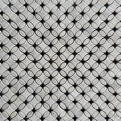Carrara White- Nero Marquina Polished Marble Flower Mosaic Tiles (Black Dot)