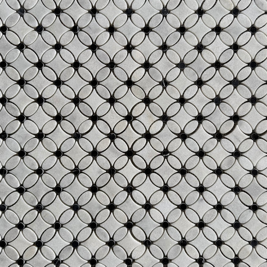 Carrara White- Nero Marquina Polished Marble Flower Mosaic Tiles (Black Dot)