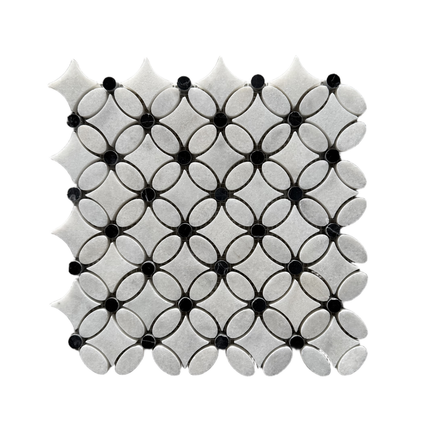 Carrara White- Nero Marquina Polished Marble Flower Mosaic Tiles (Black Dot)