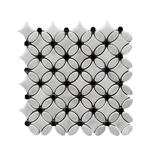 Carrara White- Nero Marquina Polished Marble Flower Mosaic Tiles (Black Dot)