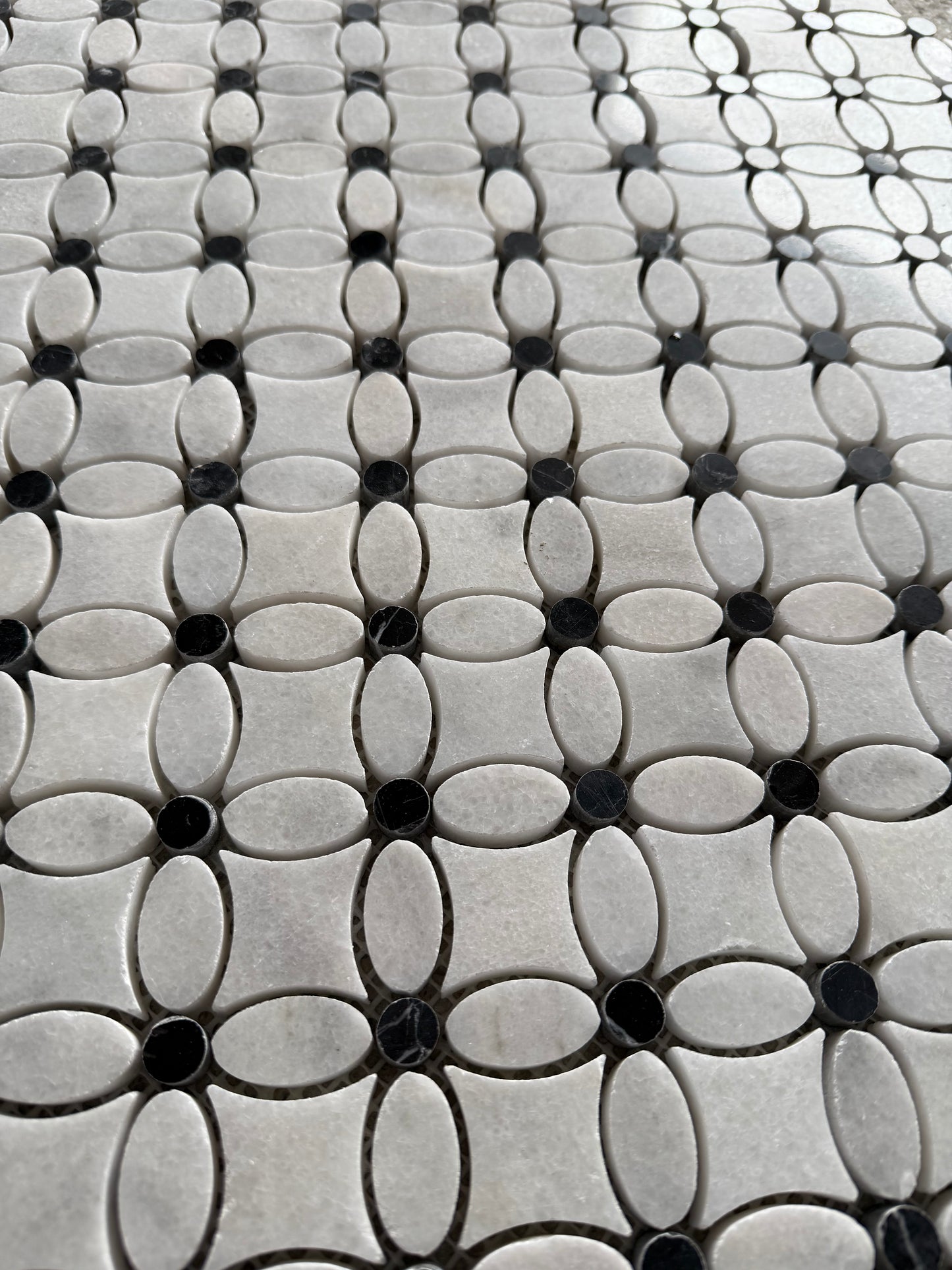 Carrara White- Nero Marquina Polished Marble Flower Mosaic Tiles (Black Dot)