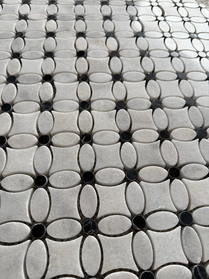 Carrara White- Nero Marquina Polished Marble Flower Mosaic Tiles (Black Dot)