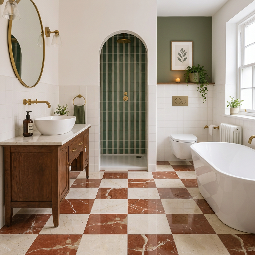 Crema Marfil - Rojo Alicante Polished Chequerboard Wall & Floor Tiles