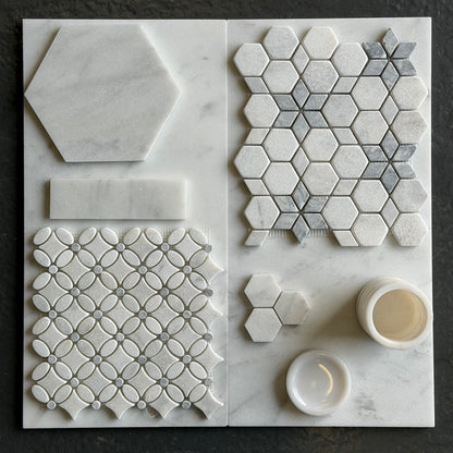 Carrara White- Platinum Grey Tumbled Marble Flower Mosaic Tiles