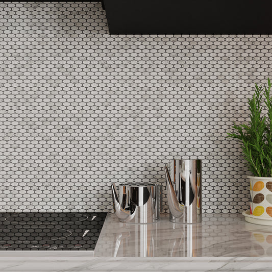 Ellipse Carrara Tumbled Marble Mosaic Tiles