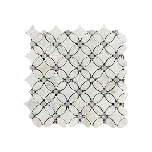 Flower Mugla White-Silver Tumbled Marble Mosaic Tiles