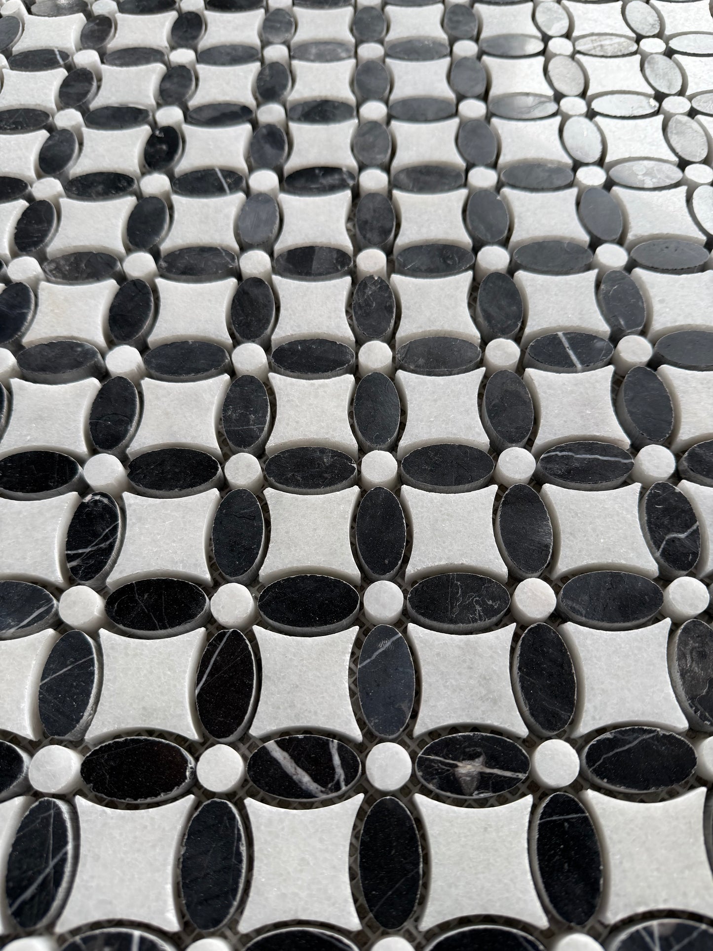 Carrara White- Nero Marquina Polished Marble Flower Mosaic Tiles