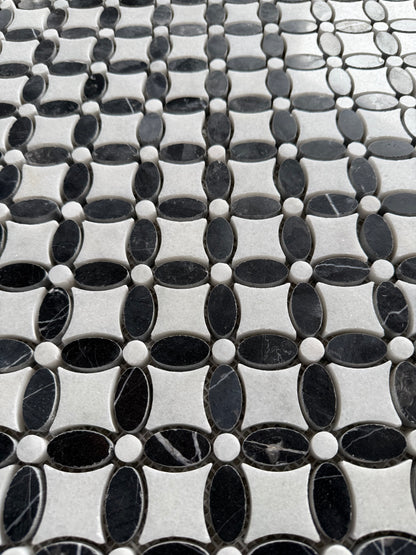 Carrara White- Nero Marquina Polished Marble Flower Mosaic Tiles