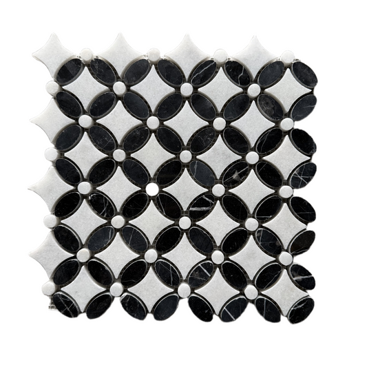 Carrara White- Nero Marquina Polished Marble Flower Mosaic Tiles