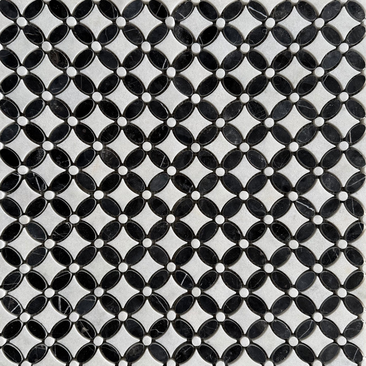 Carrara White- Nero Marquina Polished Marble Flower Mosaic Tiles