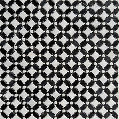 Carrara White- Nero Marquina Polished Marble Flower Mosaic Tiles