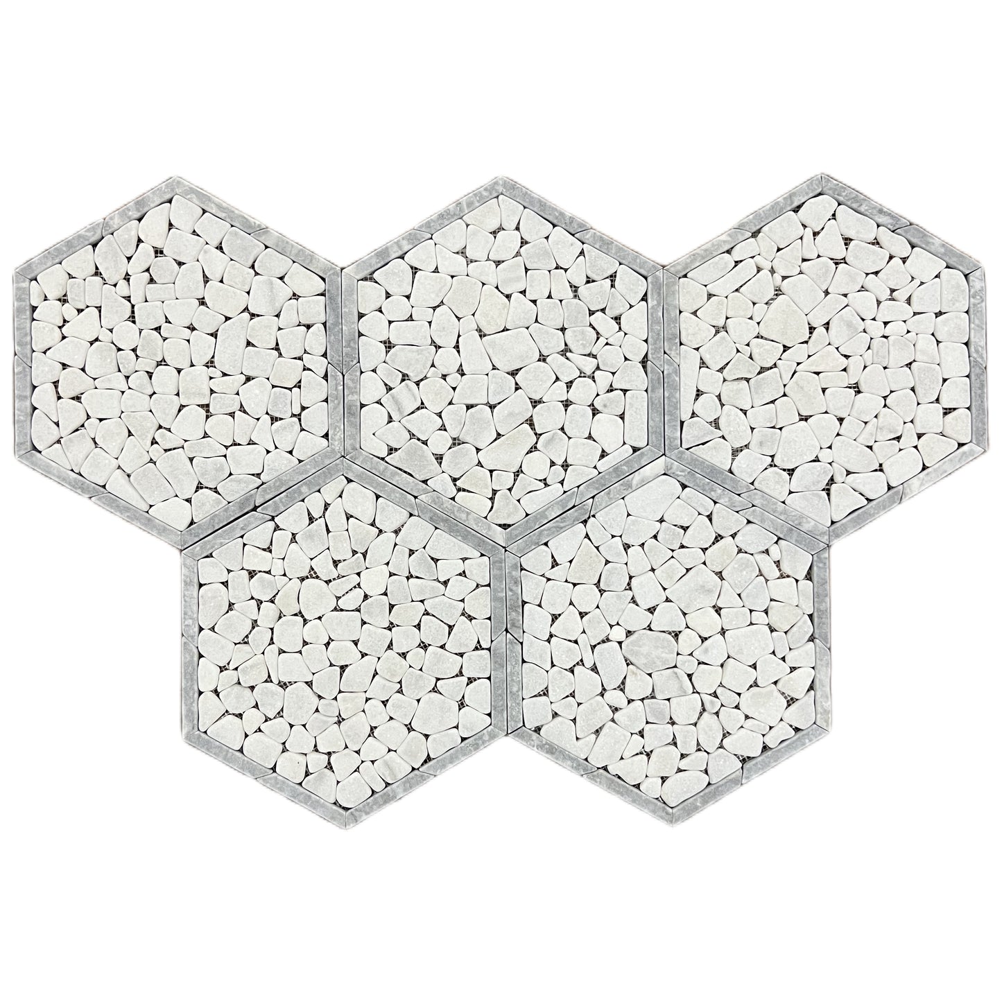 Framed Pebble Hexagon White and Grey Tumbled Marble Mosaic Tile