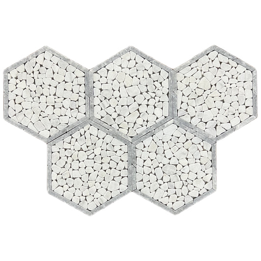 Framed Pebble Hexagon White and Grey Tumbled Marble Mosaic Tile