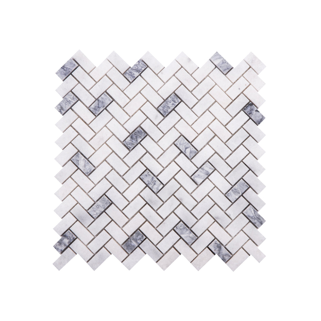 Herringbone Mugla White-Silver Honed Marble Mosaic Tiles