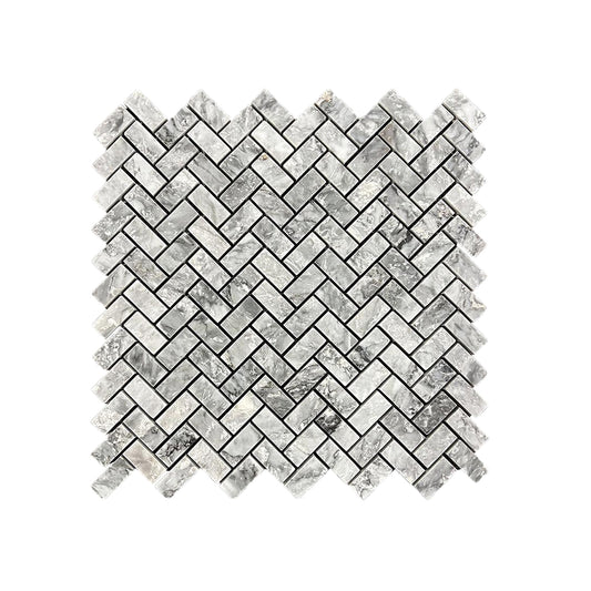 Herringbone Silver Honed Marble Mosaic Tiles