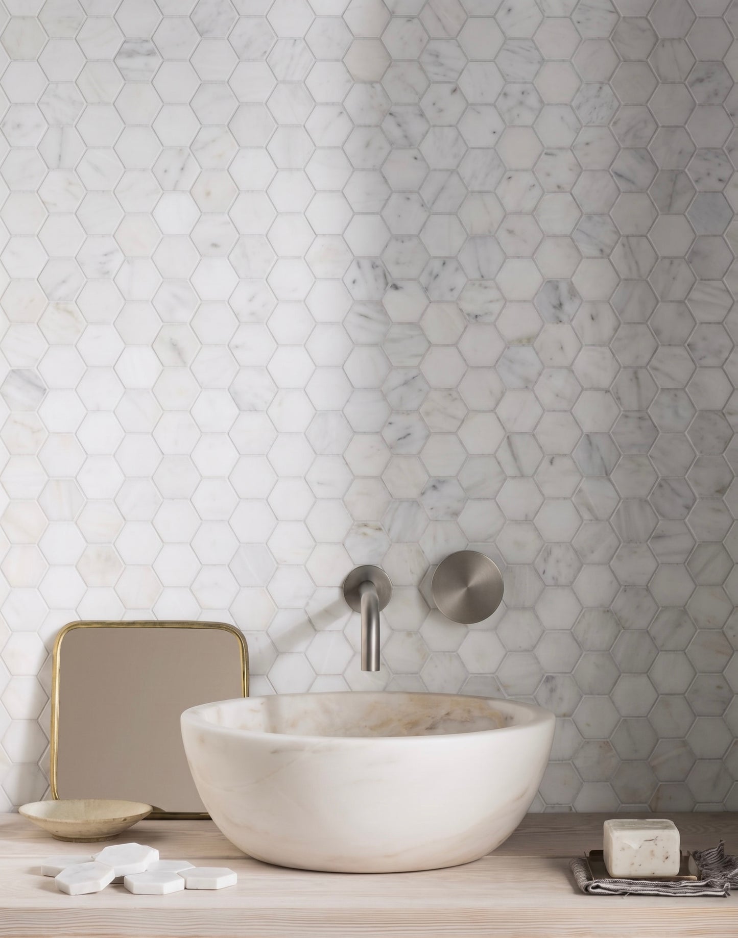 Carrara White Honed Marble Hexagon Mosaic Tiles 48x48