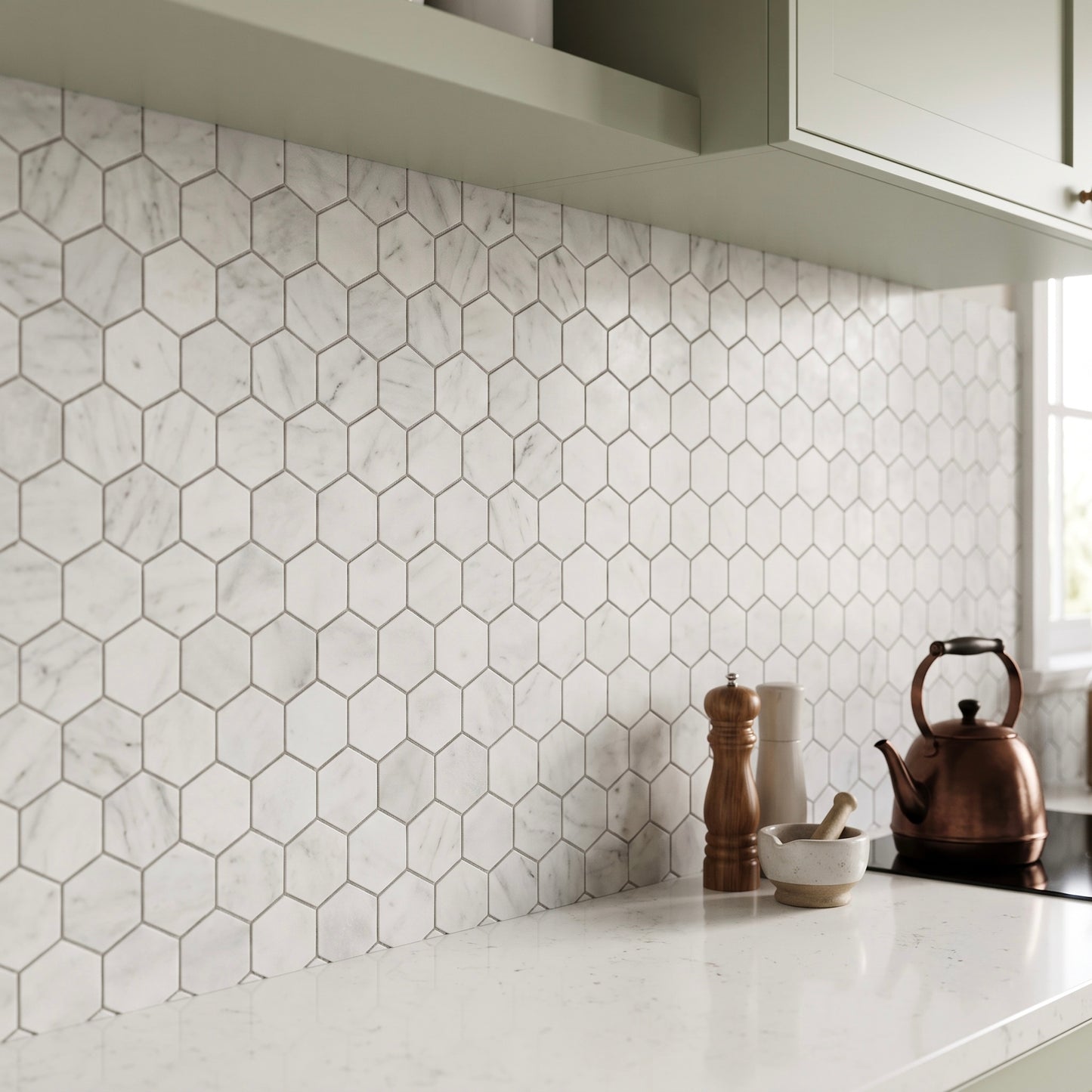Carrara White Honed Marble Hexagon Mosaic Tiles 48x48