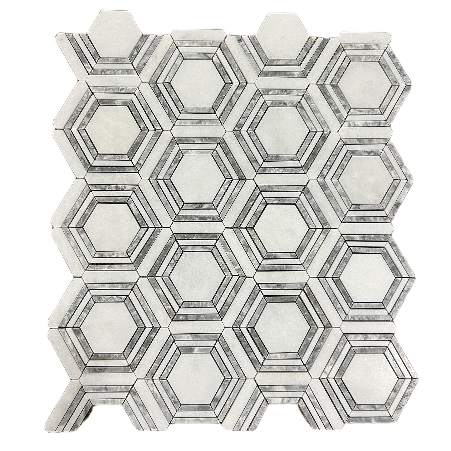 Framed Hexagon Carrara White Platinum Grey Honed Marble Mosaic Tile UK