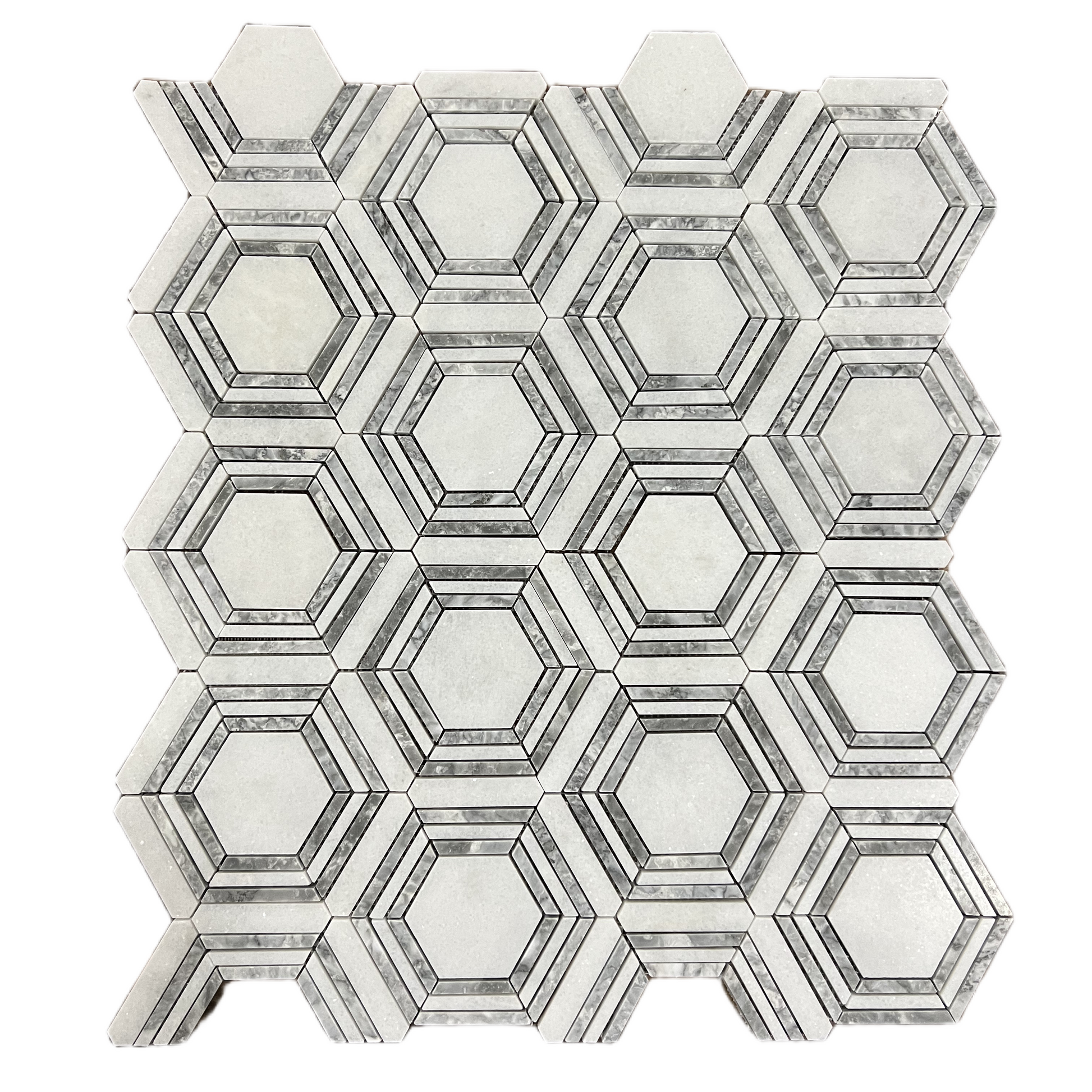 Framed Hexagon Carrara White Platinum Grey Honed Marble Mosaic Tile UK