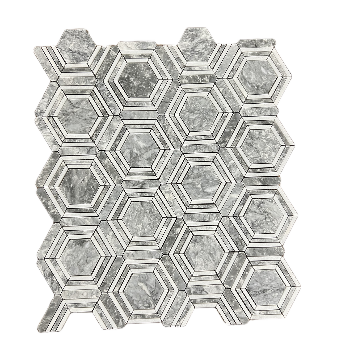 Framed Hexagon Carrara White Platinum Grey Honed Marble Mosaic Tile Bathroom Installation