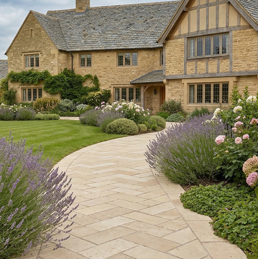 Stone-paved pathway leading to a large stone house with garden and flowers.