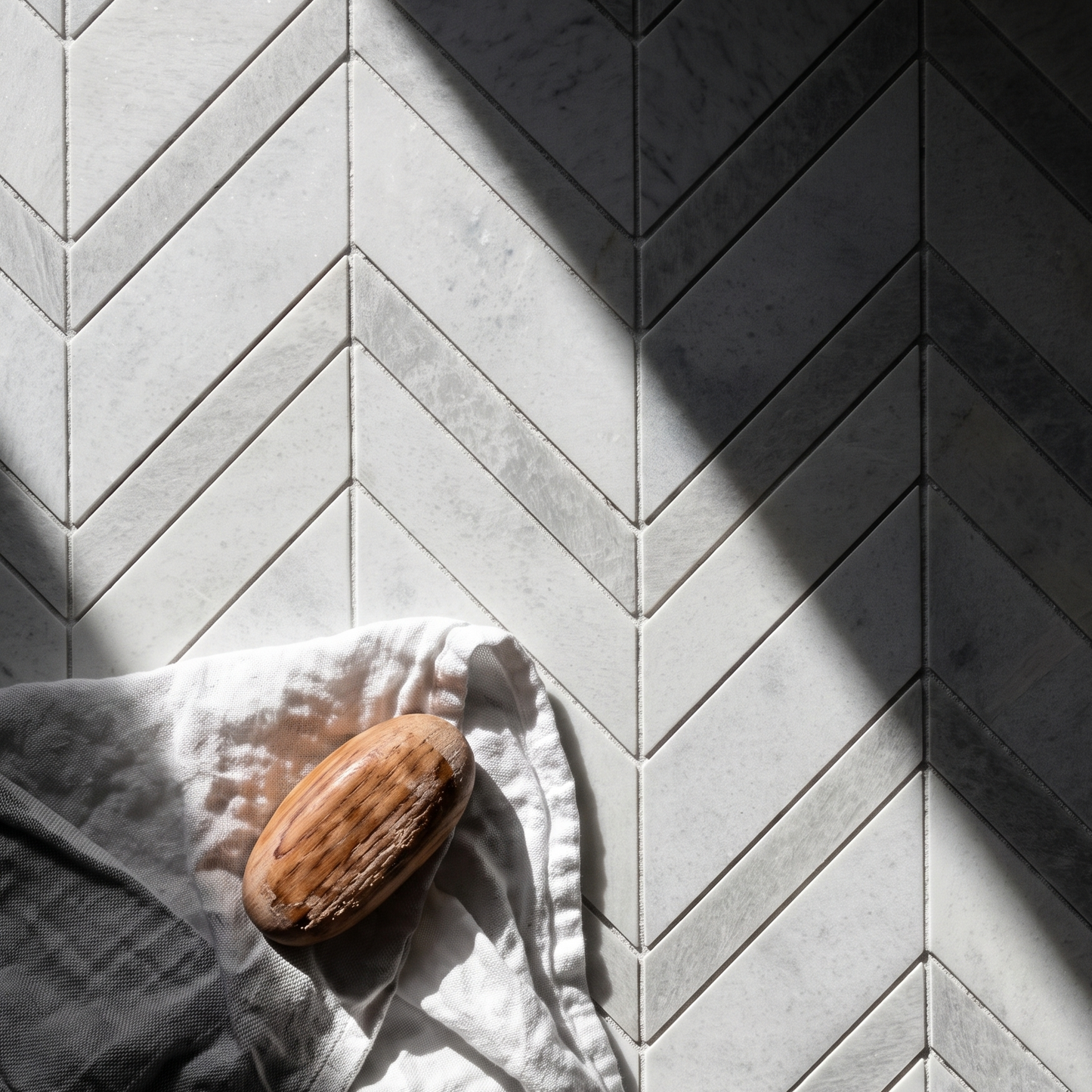Long Island Carrara White - Grey Chevron Honed Mosaic Tiles
