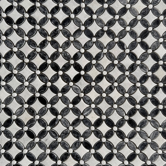 Carrara White – Platinum Black Polished Marble Flower Mosaic Tiles