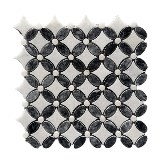 Carrara White – Platinum Black Polished Marble Flower Mosaic Tiles