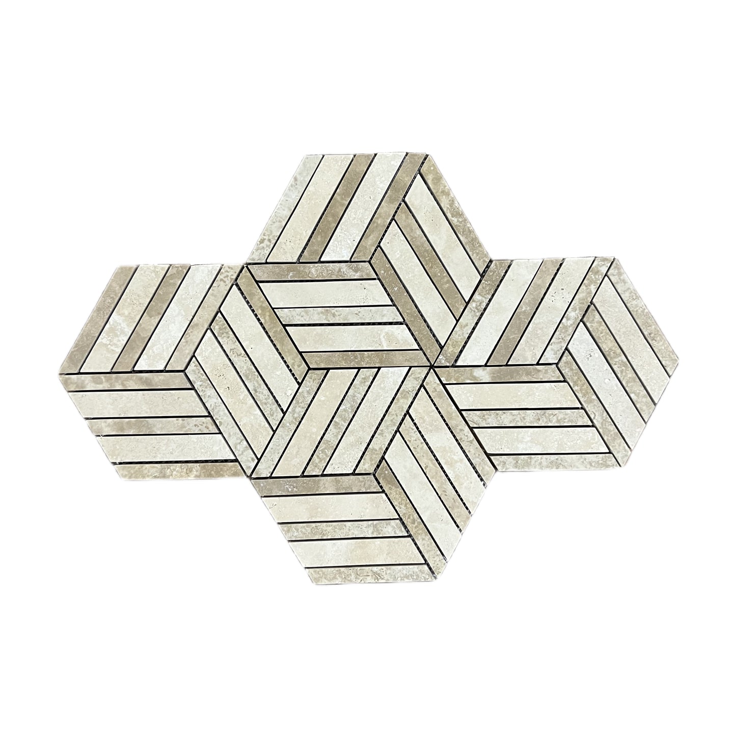 Split Hexagon Classic and Noche Travertine Honed Mosaic Tile