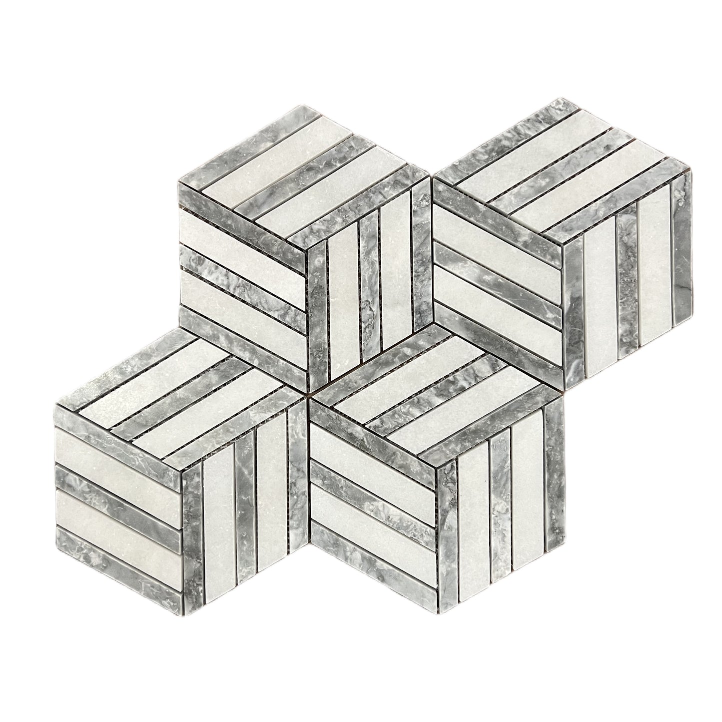 Split Hexagon Carrara White - Platinum Grey Honed Marble Mosaic Tile UK