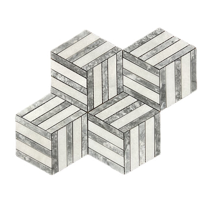 Split Hexagon Carrara White - Platinum Grey Honed Marble Mosaic Tile UK