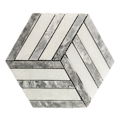 Split Hexagon Carrara White - Platinum Grey Honed Marble Mosaic Tile Bathroom Installation