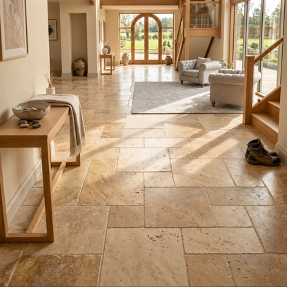 Light medium blend tumbled unfilled travertine floor tiles