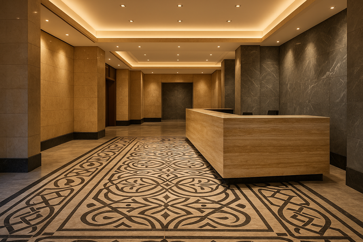 A luxurious interior scene showcasing bespoke natural stone craftsmanship. A dramatic hotel lobby with a custom-designed marble floor in waterjet pattern, elegant wall cladding in beige and grey tones, and a statement reception desk made from polished travertine. Warm ambient lighting highlights the textures and veining of the natural stone. The atmosphere is premium, modern, and timeless, representing exclusivity and custom design. High-resolution, ultra-realistic, wide-angle photo style.
