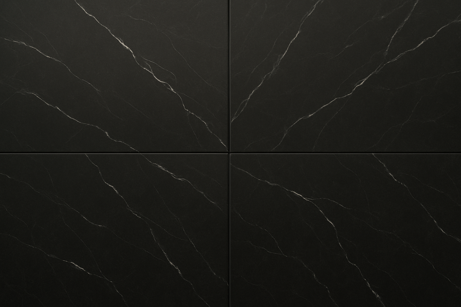 A photorealistic close-up of Nero Marquiana honed marble tiles in 305x610 mm format. The surface is smooth matte with a deep black background and fine white veining. Tiles are aligned in a modern grid layout, showing realistic grout lines. Soft natural light enhances the honed finish and luxurious texture of the marble. Ultra-realistic photography style.