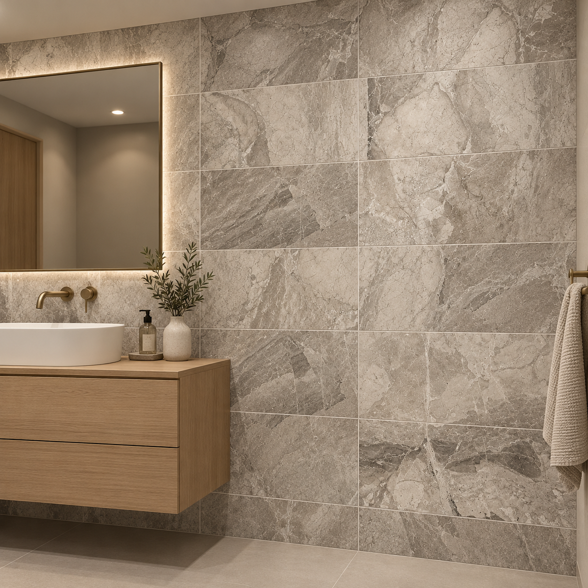 Atlantic Grey Honed Marble tiles on a bathroom vanity wall