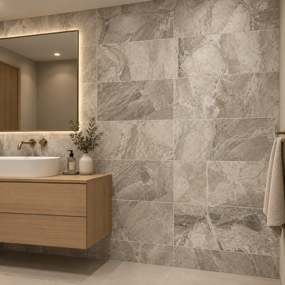 Atlantic Grey Honed Marble tiles on a bathroom vanity wall