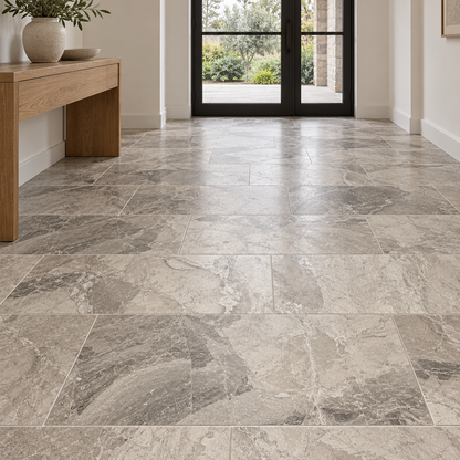 Atlantic Grey Honed Marble tiles installed on an entrance hallway floor