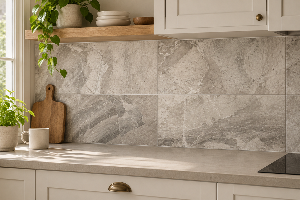 Atlantic Grey Honed Marble tiles used as a kitchen splashback