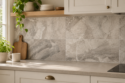 Atlantic Grey Honed Marble tiles used as a kitchen splashback