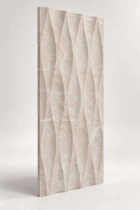 Beige Wave marble tile 610 x 305 x 10 mm, angled view showing shallow carved relief and thin sawn edge