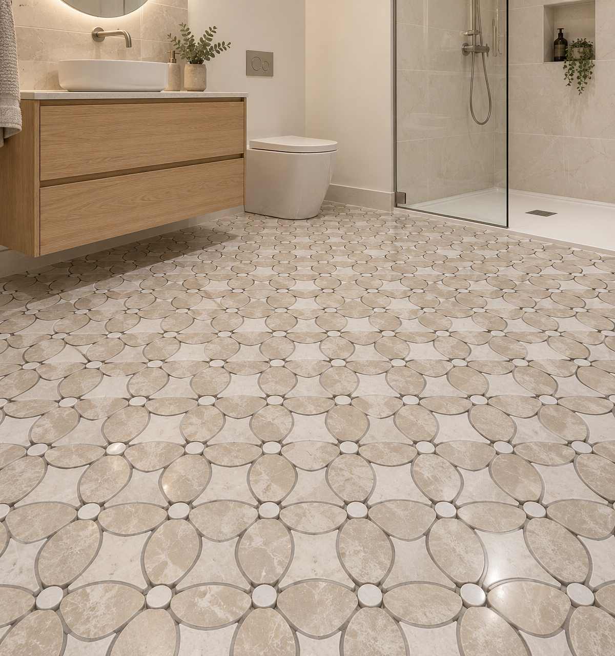 Belgravia Beige Polished Marble Flower Mosaic Tiles: installed on a bathroom floor beside a walk-in shower