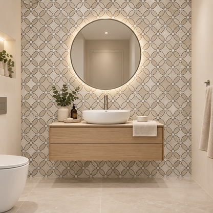 Belgravia Beige Polished Marble Flower Mosaic Tiles: installed on a windowless bathroom vanity feature wall