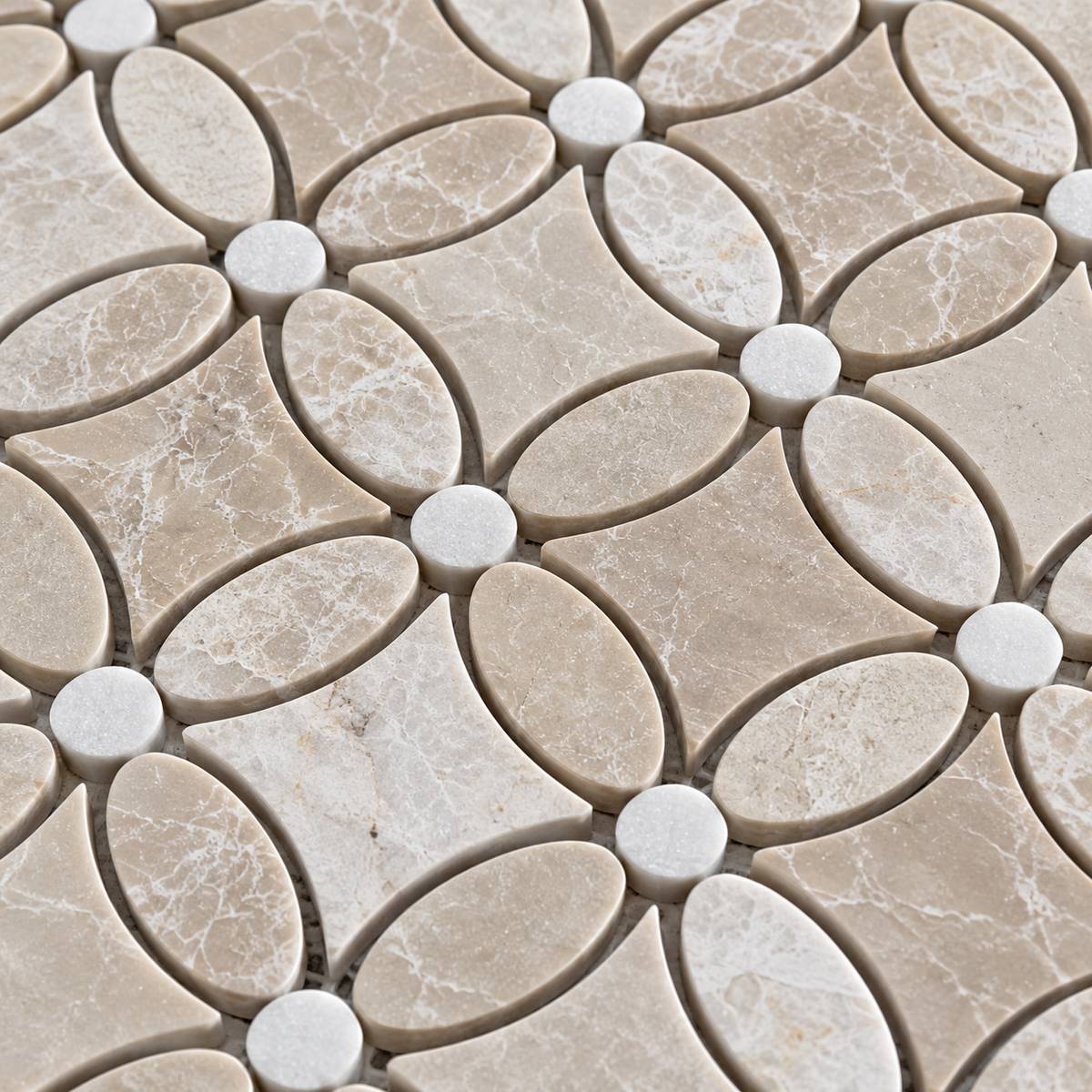 Belgravia Beige Polished Marble Flower Mosaic Tiles: close-up of marble petals, white centres and cut stone edges